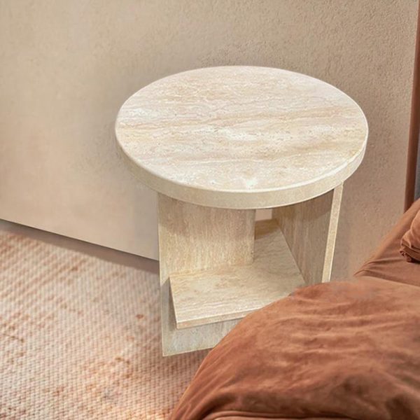 Contemporary Nordic Round Crossed Base Travertine Chrysoprase Side Table 2-Shelf For Bedside - Image 15