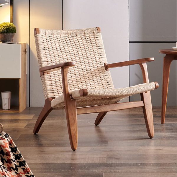 Traditional Chinese Rectangle Kraft Rope Wood Accent Chair Backrest Arm For Living Room - Image 4
