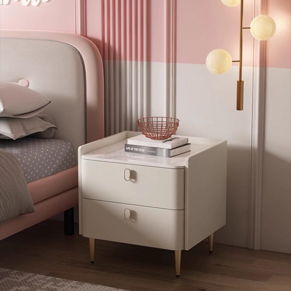 Modern Minimalist Square Rock Panel Pine Microfiber Leather Nightstand 2-Drawer For Bedroom - Image 2