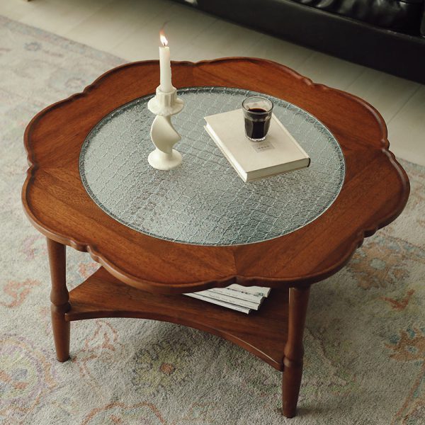 Contemporary Retro Flower Round Wood Glass Coffee Table 2-Tier For Living Room - Image 2