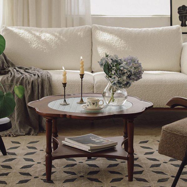 Contemporary Retro Flower Round Wood Glass Coffee Table 2-Tier For Living Room - Image 17