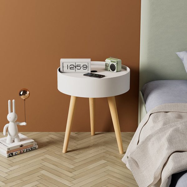 Modern Minimalist Round PP Wood Nightstand Mobile Phone Wireless Charging 1-Storage For Bedside - Image 11
