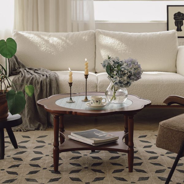 Contemporary Retro Flower Round Wood Glass Coffee Table 2-Tier For Living Room - Image 25