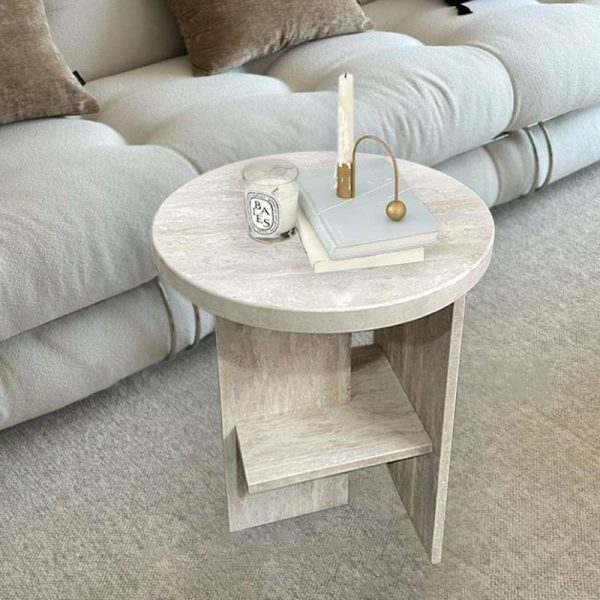 Contemporary Nordic Round Crossed Base Travertine Chrysoprase Side Table 2-Shelf For Bedside - Image 21