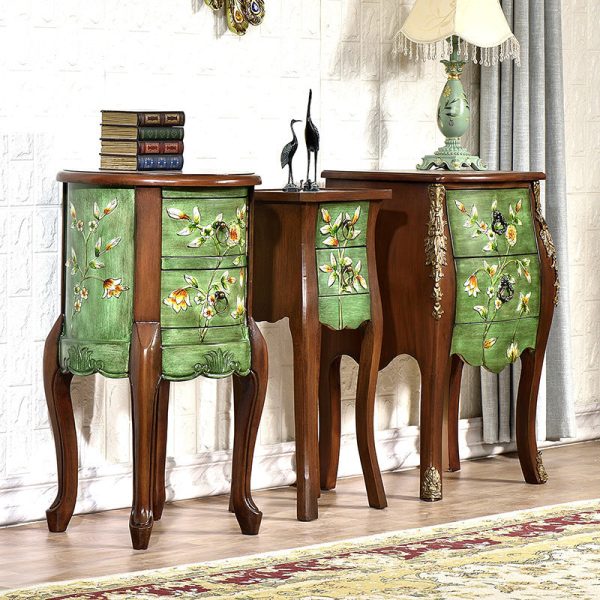 Traditional European Square Round Flower Painted Birch Rubber Wood MDF Metal Side Table 2-Drawer For Living Room - Image 2