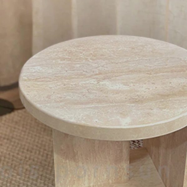 Contemporary Nordic Round Crossed Base Travertine Chrysoprase Side Table 2-Shelf For Bedside - Image 8