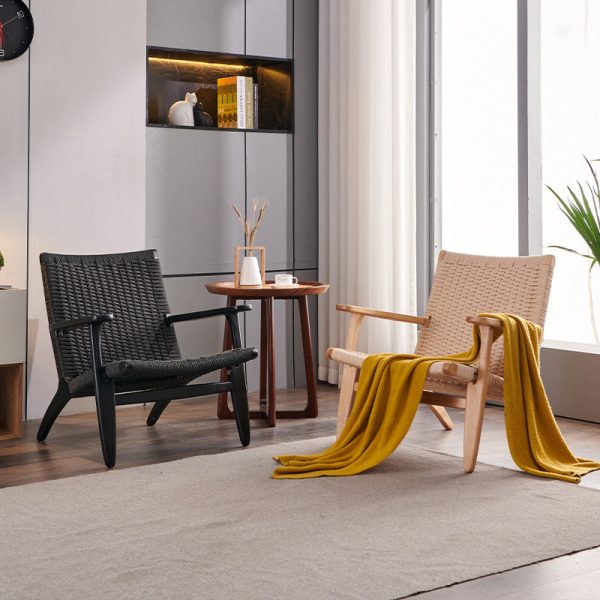 Traditional Chinese Rectangle Kraft Rope Wood Accent Chair Backrest Arm For Living Room - Image 2