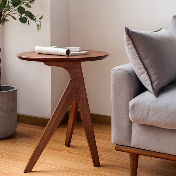 Traditional Japanese Round Triangle Leg Ash Wood End Table For Living Room - Image 8