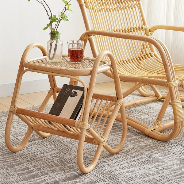 Traditional Japanese Weaving Rectangular Rattan Glass Side Table 2-Tier For Living Room - Image 18