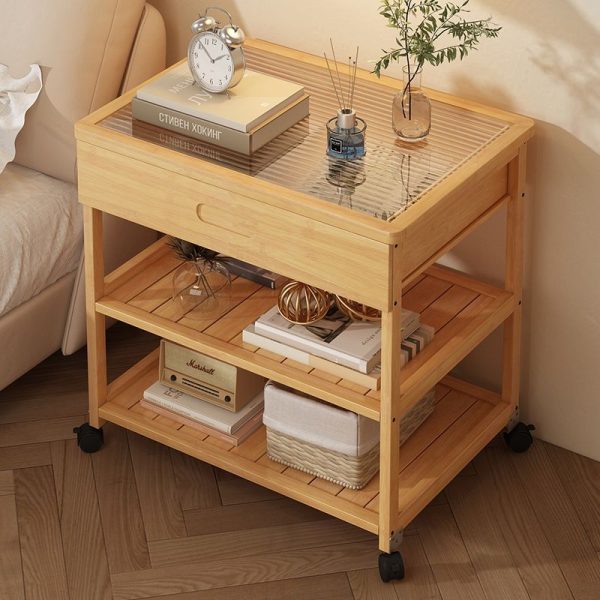 Contemporary Nordic Rectangle Glass Bamboo End Table 3-Tier For Living Room - Image 2