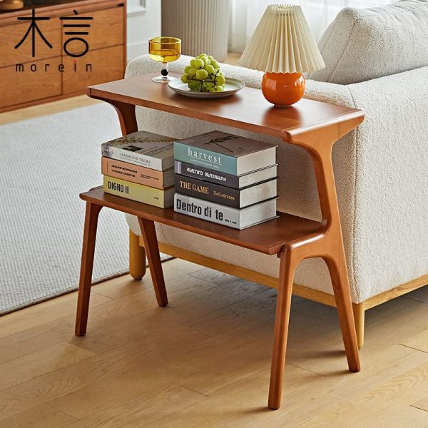 Contemporary Retro Rectangular Beech Rubber Wood Side Table 2-Tier For Living Room - Image 14
