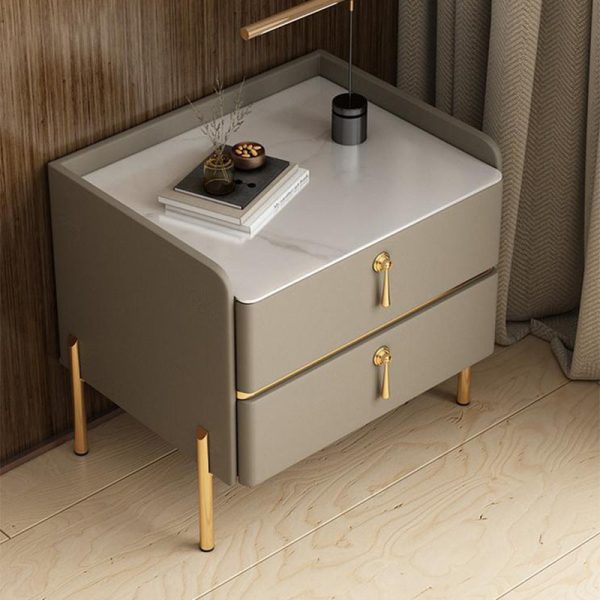 Modern Luxury Rectangular Solid Wood Rock Slab Leather Nightstand 2-Drawer For Bedroom - Image 20
