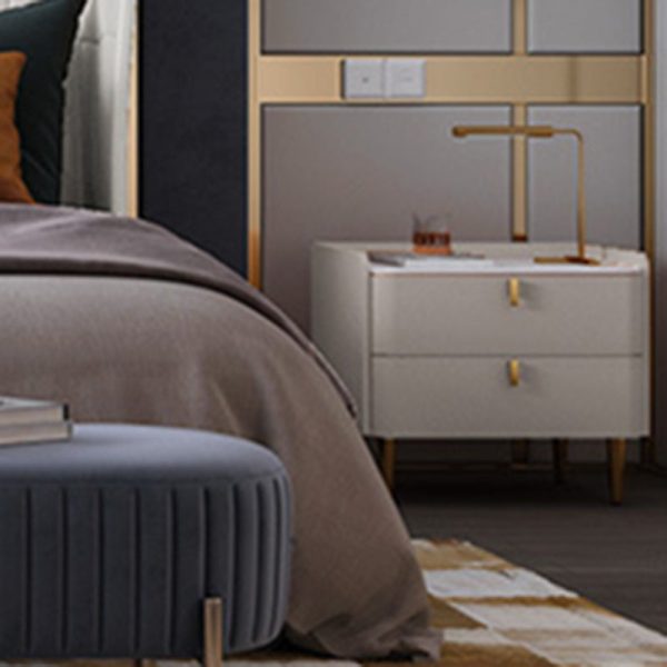 Modern Simplicity Rectangular Slab Leather Pine Wood Carbon Steel Nightstand 2-Drawer For Bedside - Image 20