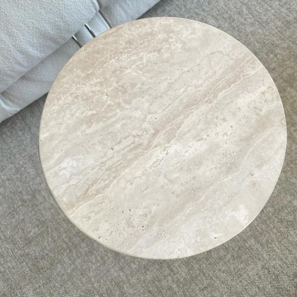 Contemporary Nordic Round Crossed Base Travertine Chrysoprase Side Table 2-Shelf For Bedside - Image 7