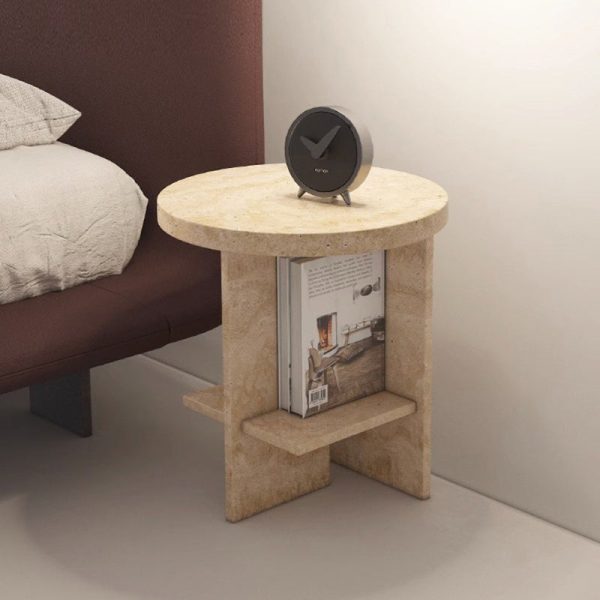 Contemporary Nordic Round Crossed Base Travertine Chrysoprase Side Table 2-Shelf For Bedside - Image 19