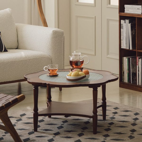 Contemporary Retro Flower Round Wood Glass Coffee Table 2-Tier For Living Room - Image 28