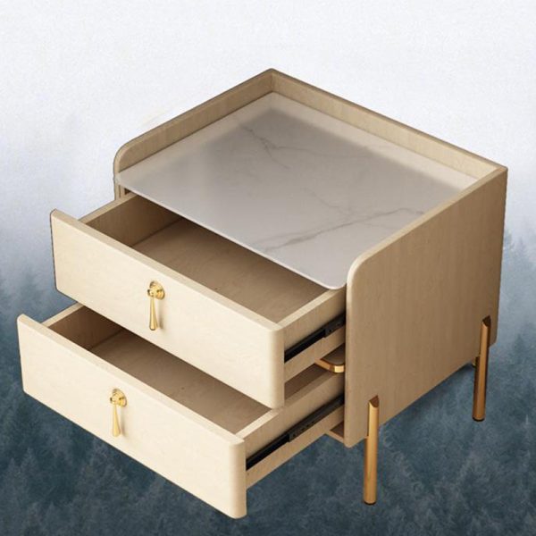 Modern Luxury Rectangular Solid Wood Rock Slab Leather Nightstand 2-Drawer For Bedroom - Image 11