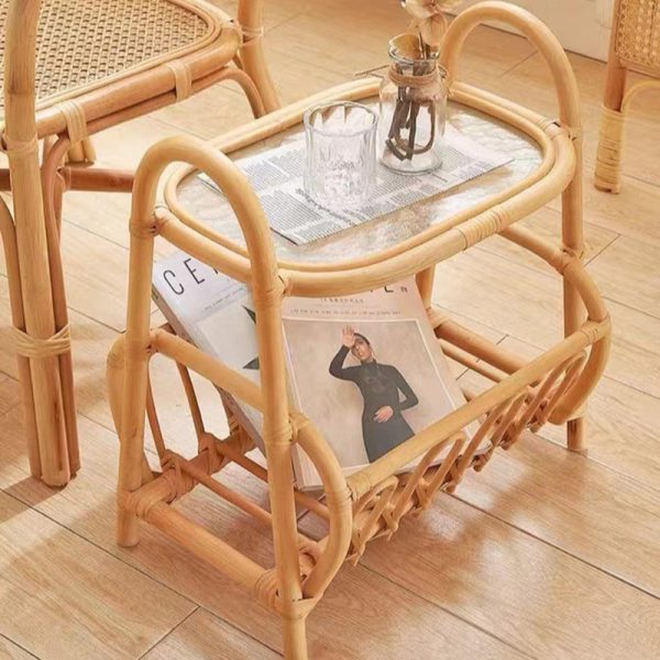 Traditional Japanese Weaving Rectangular Rattan Glass Side Table 2-Tier For Living Room - Image 3