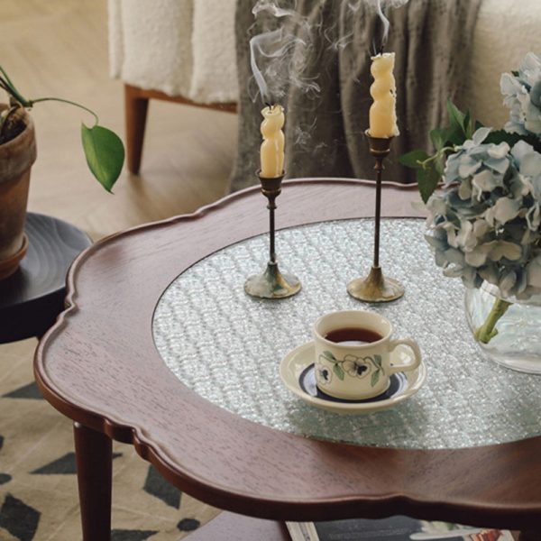 Contemporary Retro Flower Round Wood Glass Coffee Table 2-Tier For Living Room - Image 15