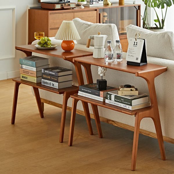 Contemporary Retro Rectangular Beech Rubber Wood Side Table 2-Tier For Living Room - Image 15