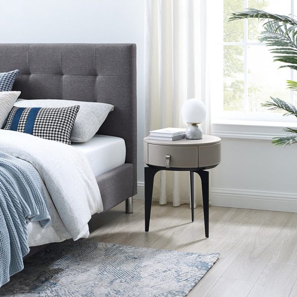 Modern Luxury Round Microfiber Leather Solid Wood Metal Nightstand 1-Drawer For Bedroom - Image 9