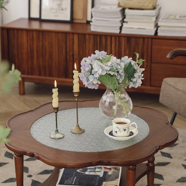 Contemporary Retro Flower Round Wood Glass Coffee Table 2-Tier For Living Room - Image 16