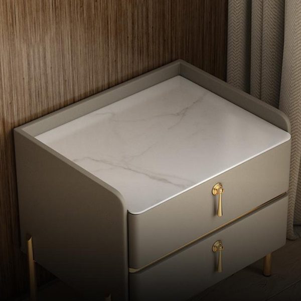 Modern Luxury Rectangular Solid Wood Rock Slab Leather Nightstand 2-Drawer For Bedroom - Image 6