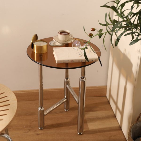 Modern Minimalist Cylinder Round Glass Iron End Table 1-Tier For Living Room - Image 3