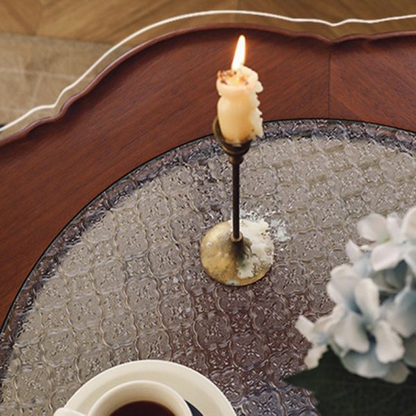Contemporary Retro Flower Round Wood Glass Coffee Table 2-Tier For Living Room - Image 13