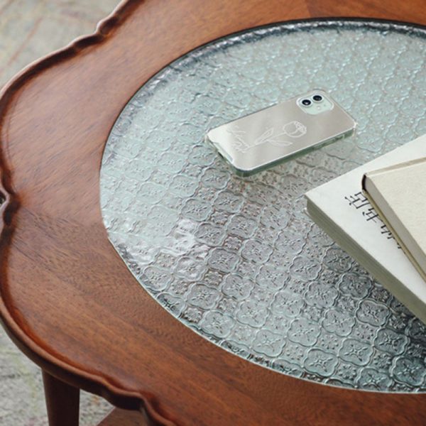 Contemporary Retro Flower Round Wood Glass Coffee Table 2-Tier For Living Room - Image 11