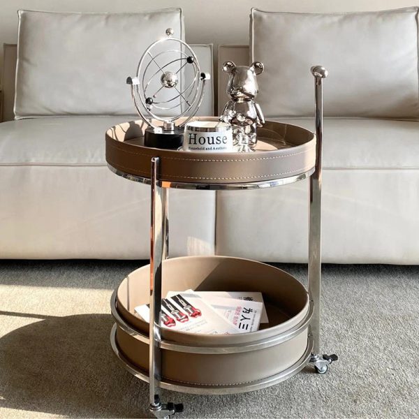 Modern Luxury Round Leather Stainless Steel End Table 2-Tier For Living Room - Image 13