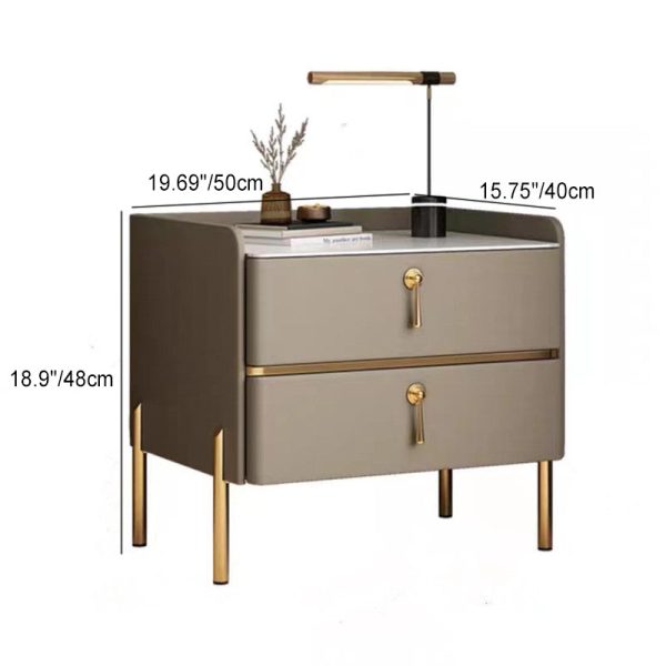 Modern Luxury Rectangular Solid Wood Rock Slab Leather Nightstand 2-Drawer For Bedroom - Image 4