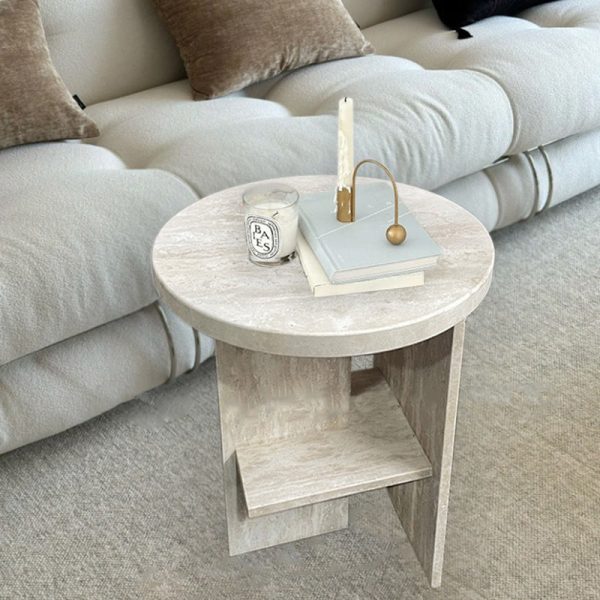 Contemporary Nordic Round Crossed Base Travertine Chrysoprase Side Table 2-Shelf For Bedside - Image 22