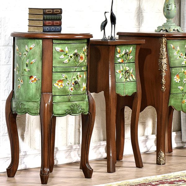 Traditional European Square Round Flower Painted Birch Rubber Wood MDF Metal Side Table 2-Drawer For Living Room - Image 15