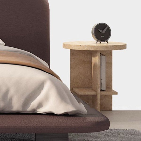Contemporary Nordic Round Crossed Base Travertine Chrysoprase Side Table 2-Shelf For Bedside - Image 18