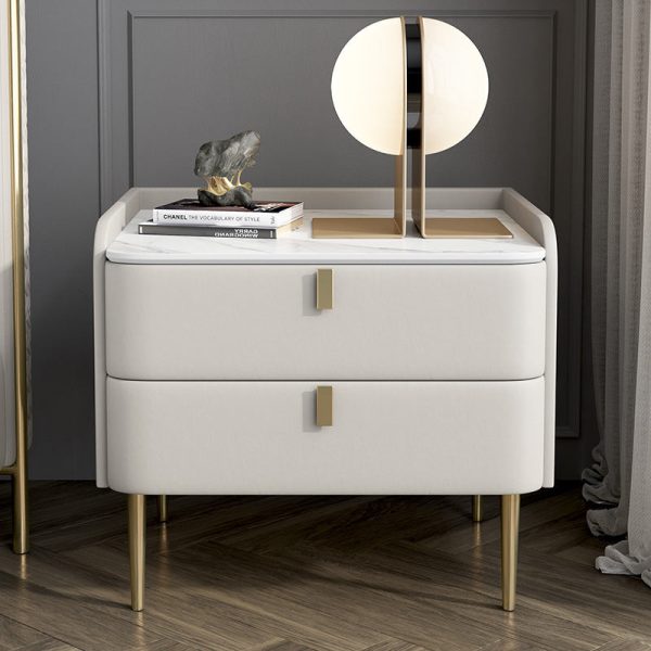 Modern Simplicity Rectangular Slab Leather Pine Wood Carbon Steel Nightstand 2-Drawer For Bedside - Image 19