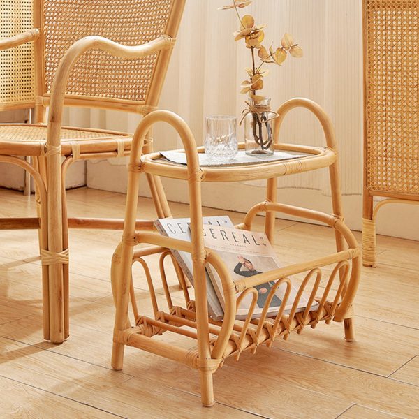 Traditional Japanese Weaving Rectangular Rattan Glass Side Table 2-Tier For Living Room - Image 2