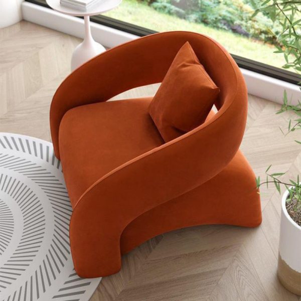 Modern Luxury Curved Square Leather Lambswool Fabric Wood Accent Chair Backrest Arm For Living Room - Image 2