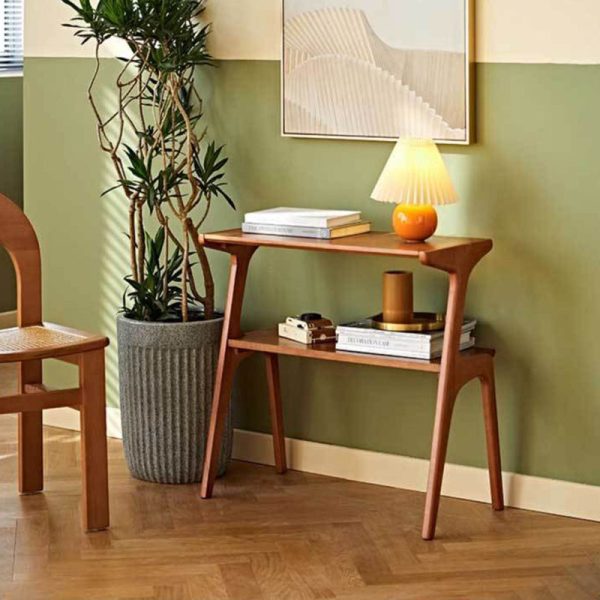 Contemporary Retro Rectangular Beech Rubber Wood Side Table 2-Tier For Living Room - Image 11