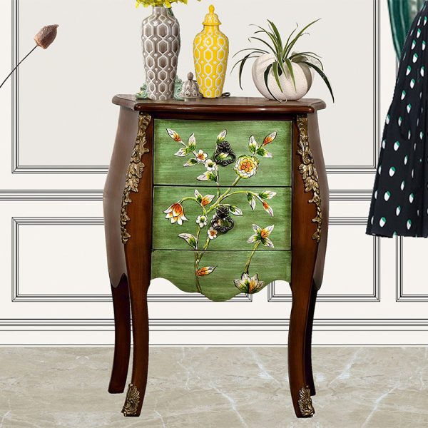 Traditional European Square Round Flower Painted Birch Rubber Wood MDF Metal Side Table 2-Drawer For Living Room - Image 20
