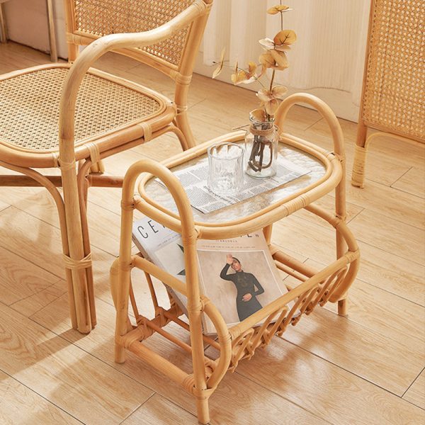 Traditional Japanese Weaving Rectangular Rattan Glass Side Table 2-Tier For Living Room - Image 17