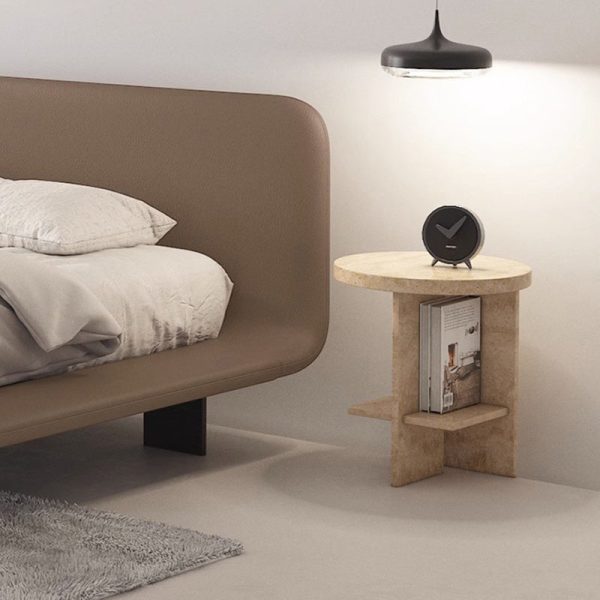 Contemporary Nordic Round Crossed Base Travertine Chrysoprase Side Table 2-Shelf For Bedside - Image 20