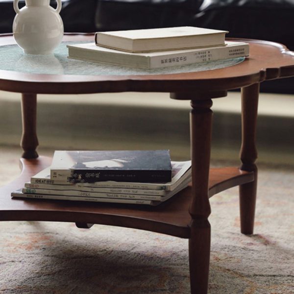 Contemporary Retro Flower Round Wood Glass Coffee Table 2-Tier For Living Room - Image 14