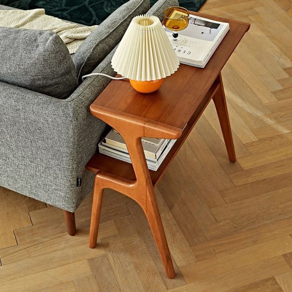 Contemporary Retro Rectangular Beech Rubber Wood Side Table 2-Tier For Living Room - Image 16