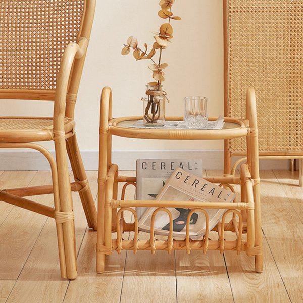 Traditional Japanese Weaving Rectangular Rattan Glass Side Table 2-Tier For Living Room - Image 19