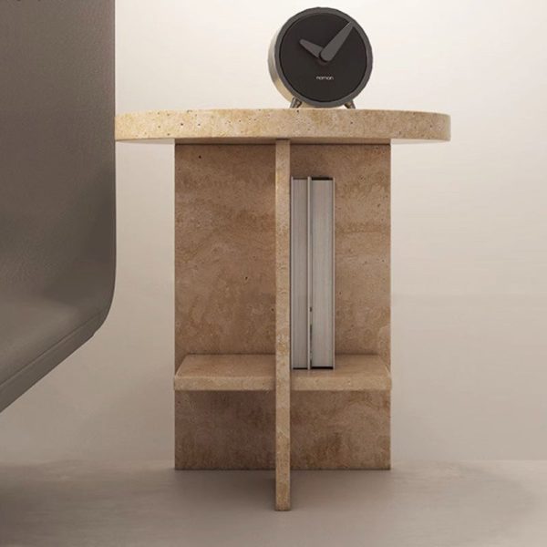 Contemporary Nordic Round Crossed Base Travertine Chrysoprase Side Table 2-Shelf For Bedside - Image 17