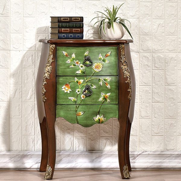 Traditional European Square Round Flower Painted Birch Rubber Wood MDF Metal Side Table 2-Drawer For Living Room - Image 18