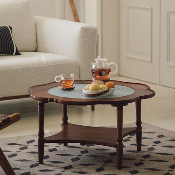 Contemporary Retro Flower Round Wood Glass Coffee Table 2-Tier For Living Room - Image 3
