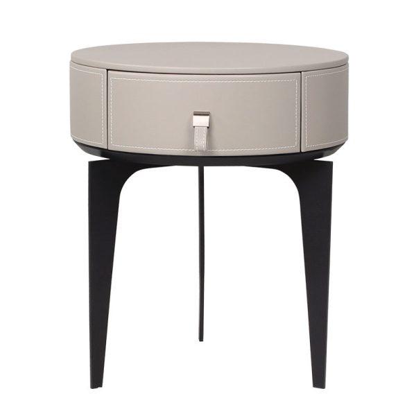 Modern Luxury Round Microfiber Leather Solid Wood Metal Nightstand 1-Drawer For Bedroom - Image 15