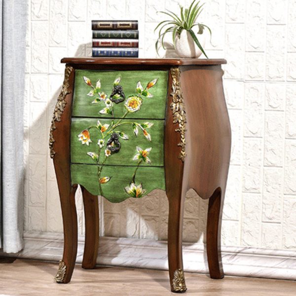 Traditional European Square Round Flower Painted Birch Rubber Wood MDF Metal Side Table 2-Drawer For Living Room - Image 19